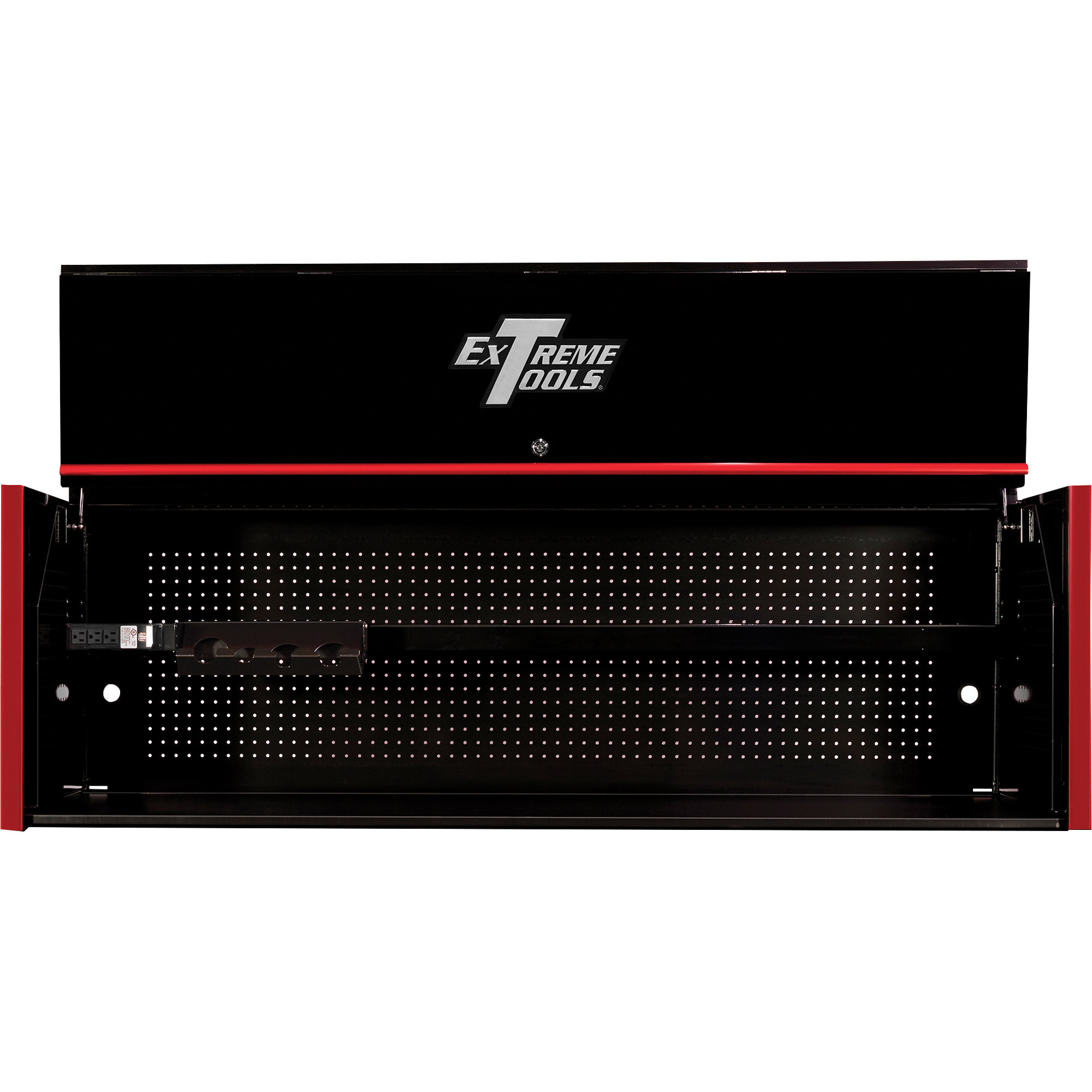 Extreme Tools RX Series Extreme Power Workstation Professional Hutch - 72in.W x 30in.D x 22.3in.H, Black with Red Handle, Built-In Power Strip, Lockable, Model# RX723001HCBKRD